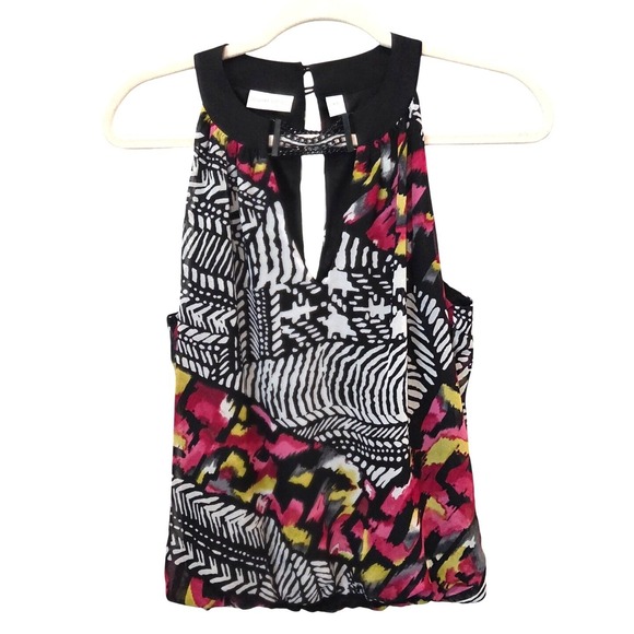 Bisou Bisou Blouse XS Chain Neckline Halter Top Multicolor Abstract Print - Picture 1 of 9